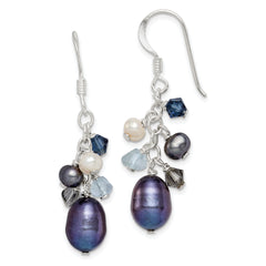 Sterling Silver Polished Blue & Black Crystal, Black and White Freshwater Cultured Pearl Dangle Earrings