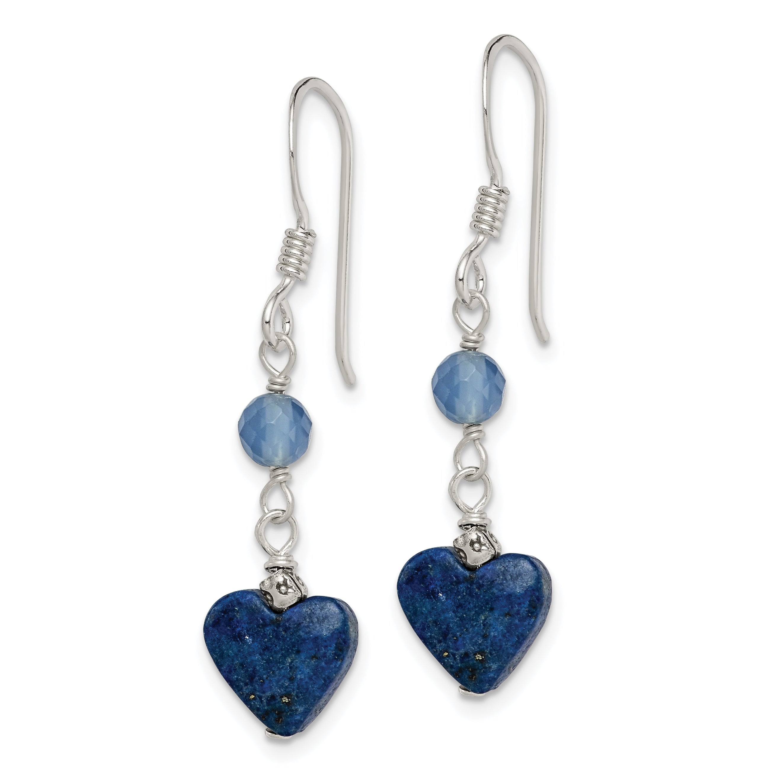 Sterling Silver Polished & Antiqued Blue Agate & Lapis Heart Dangle Earring