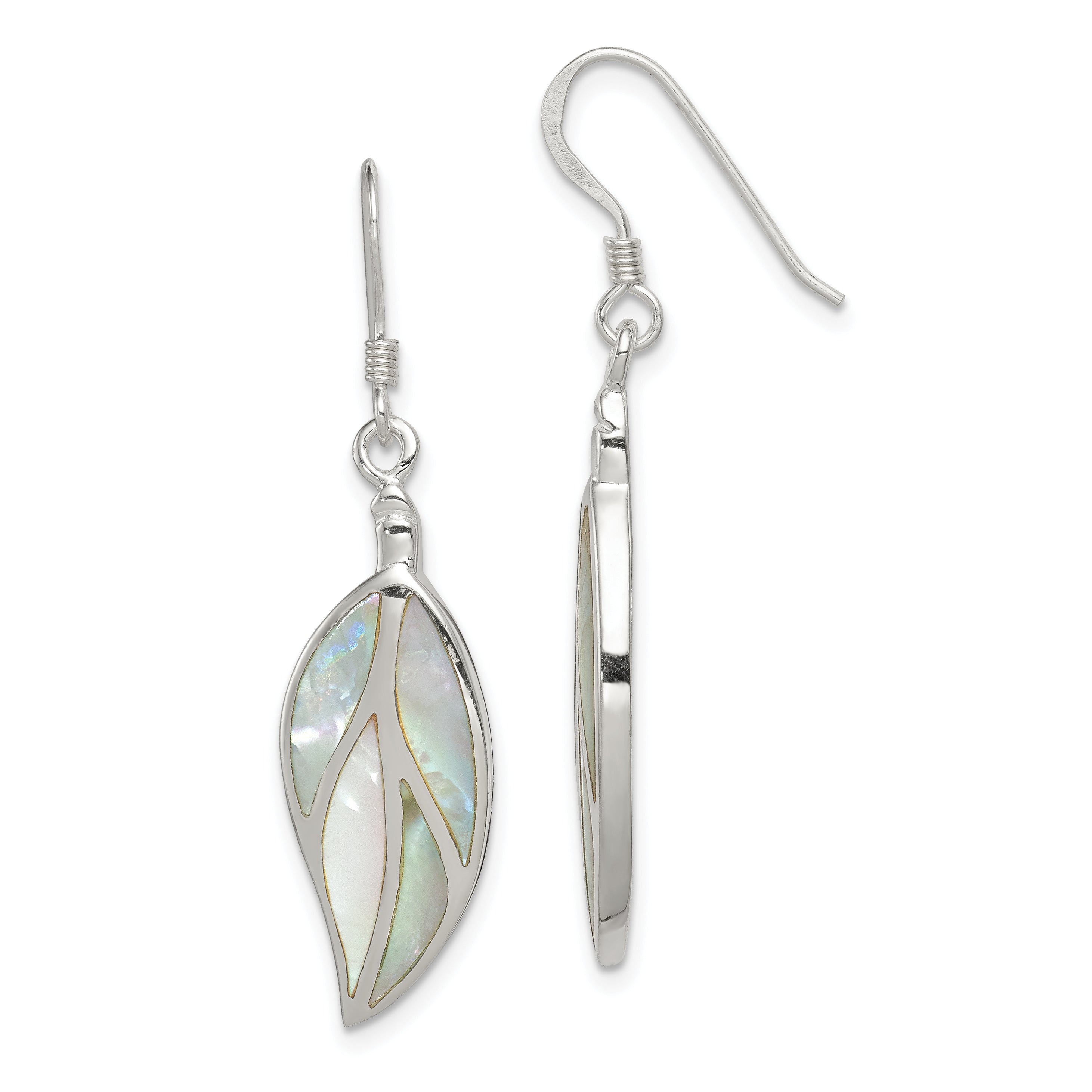 Sterling Silver Polished Mother of Pearl Leaf Dangle Earrings