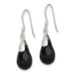 Sterling Silver Polished Faceted Onyx Teardrop Dangle Earrings