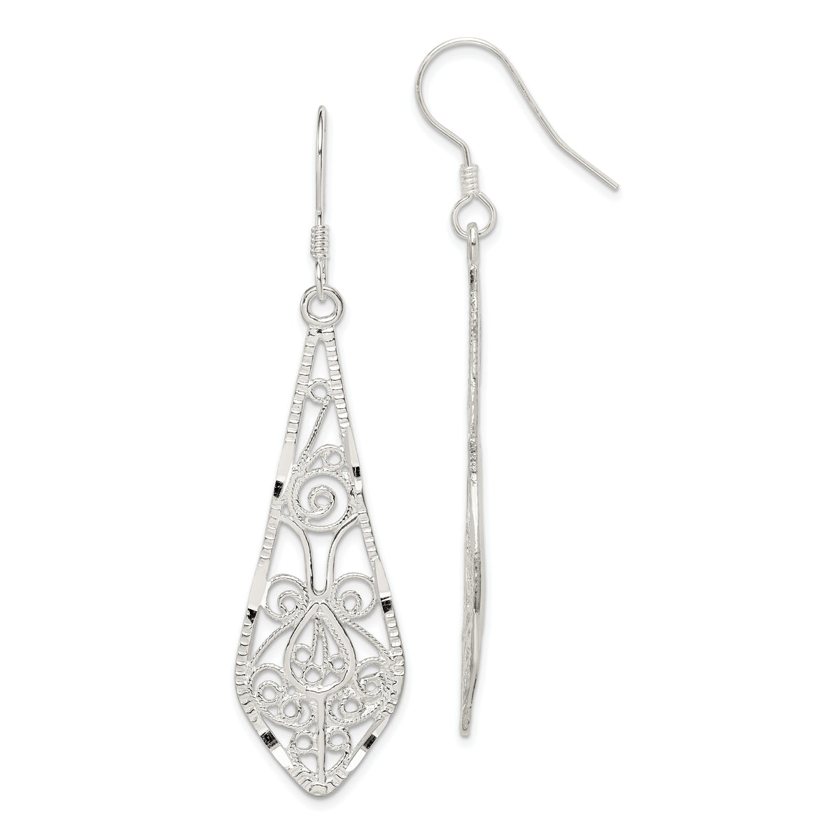 Sterling Silver Polished D/C Filigree Elongated Teardrop Dangle Earrings