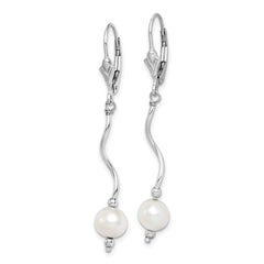 Sterling Silver Rhodium-plated Polished Twist White 6-7mm Freshwater Cultured Pearl Leverback Dangle Earrings