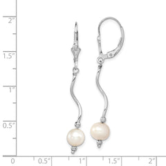 Sterling Silver Rhodium-plated Polished Twist White 6-7mm Freshwater Cultured Pearl Leverback Dangle Earrings