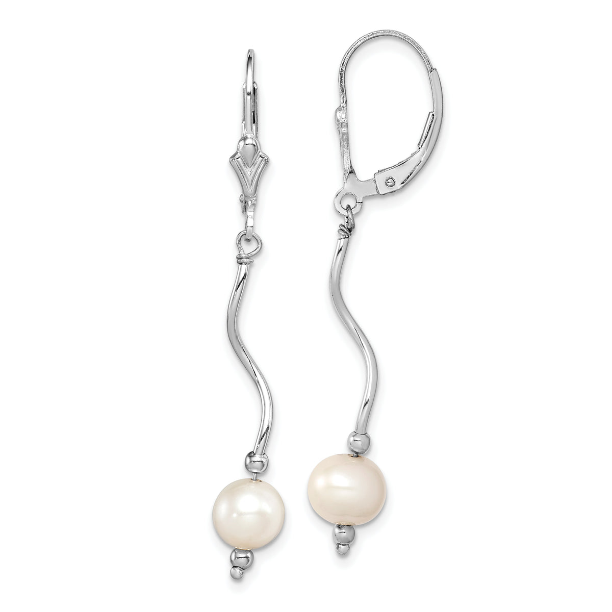 Sterling Silver Rhodium-plated Polished Twist White 6-7mm Freshwater Cultured Pearl Leverback Dangle Earrings