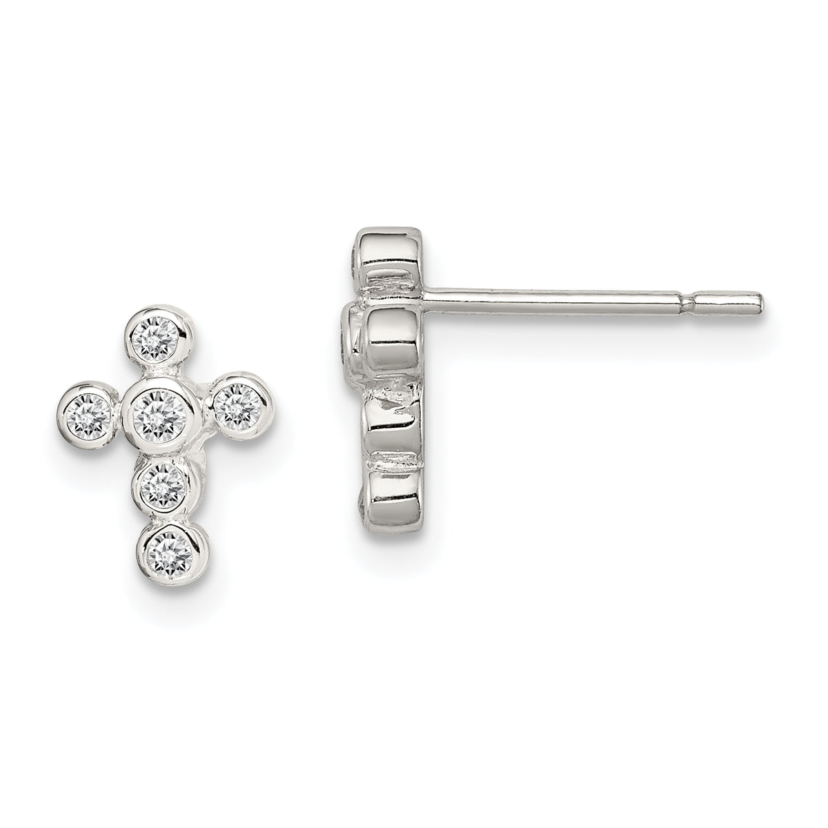 Sterling Silver Rhodium-plated Polished Bezel CZ Cross Post Earrings