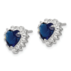 Sterling Silver Rhod-plated Polished Blue & White CZ Heart Post Earrings