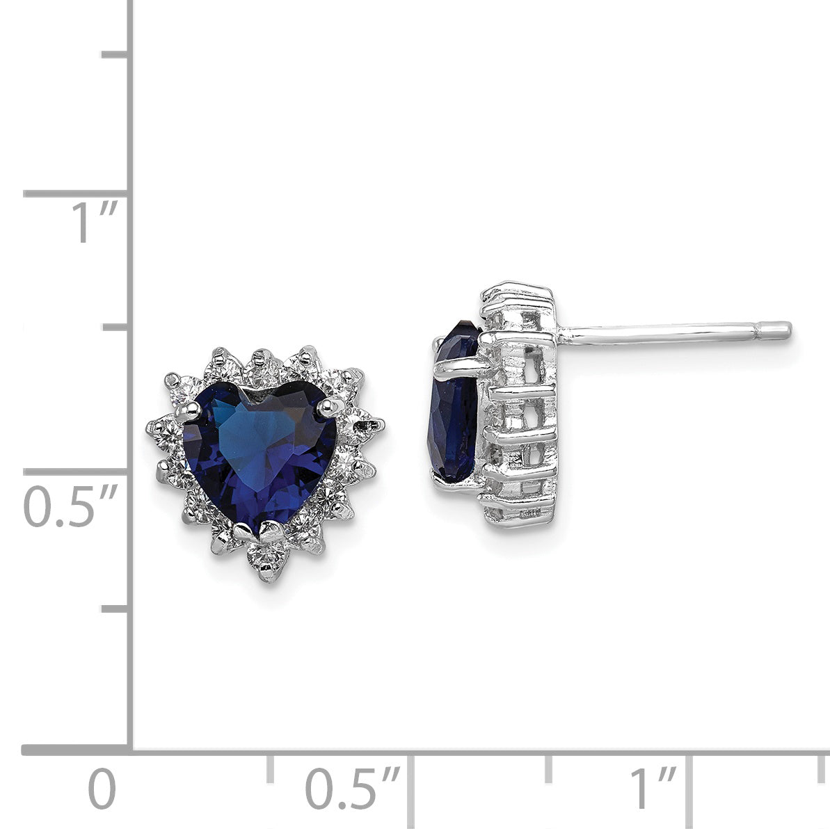 Sterling Silver Rhod-plated Polished Blue & White CZ Heart Post Earrings