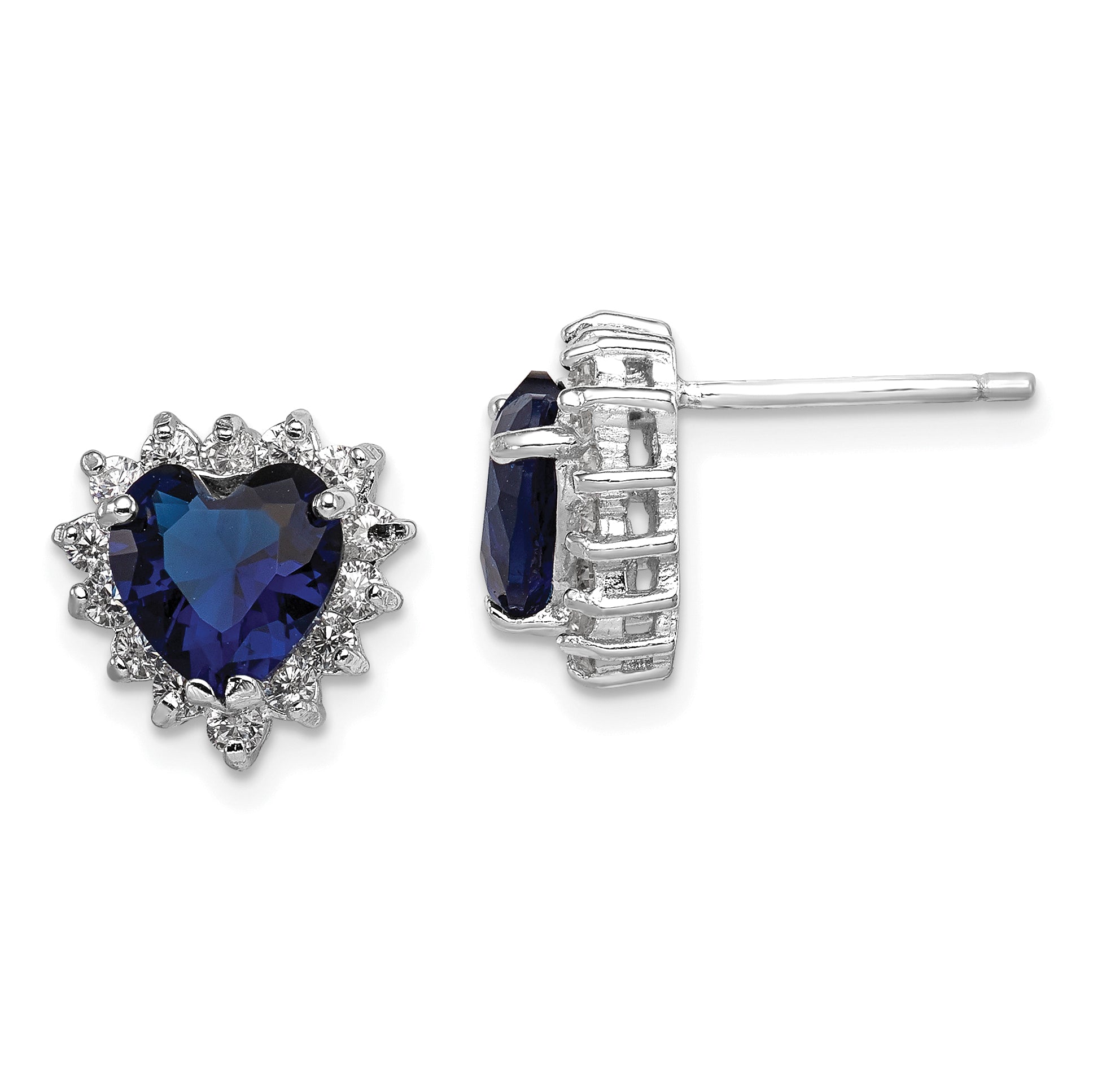 Sterling Silver Rhod-plated Polished Blue & White CZ Heart Post Earrings