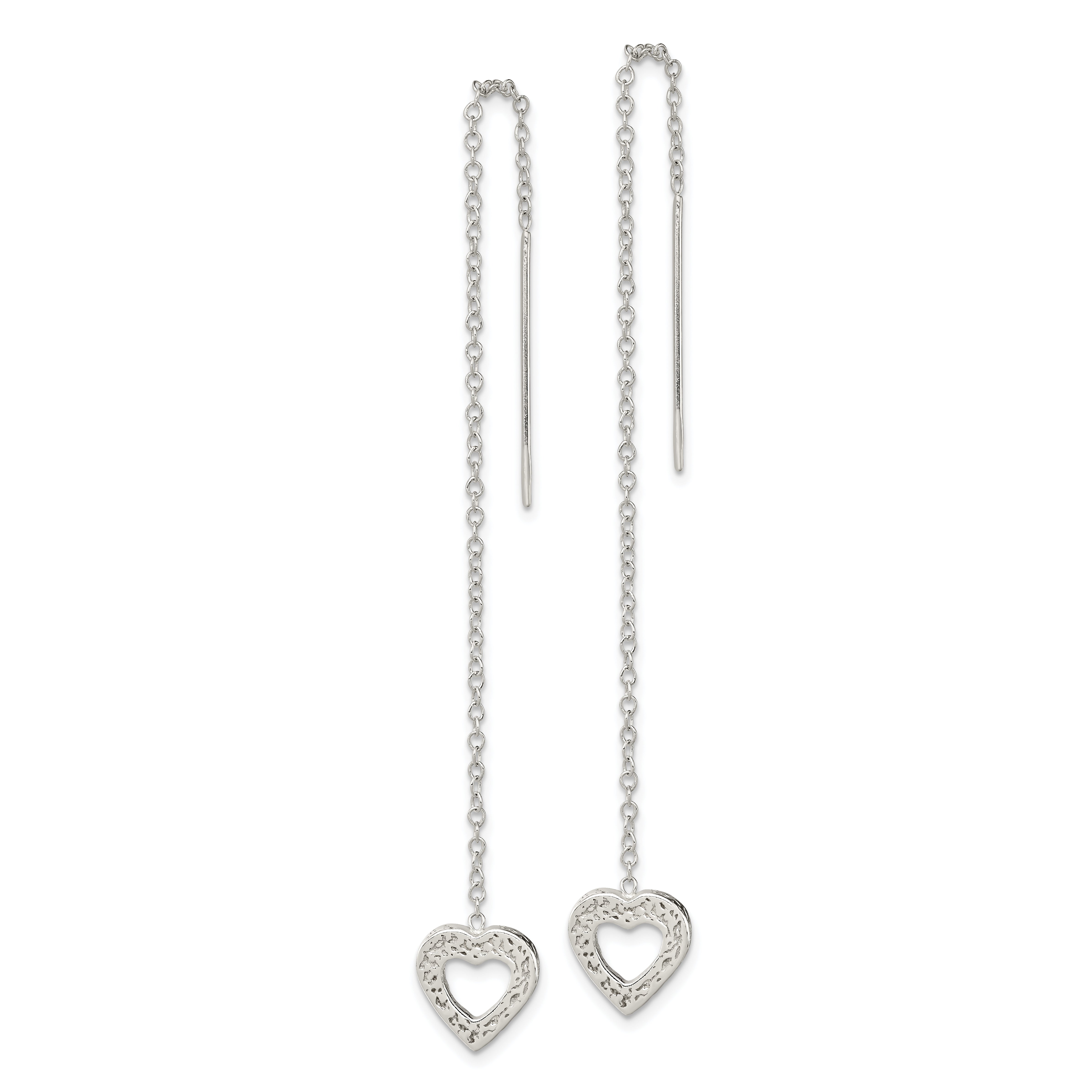 Sterling Silver Polished & Hammered Heart Threader Earrings