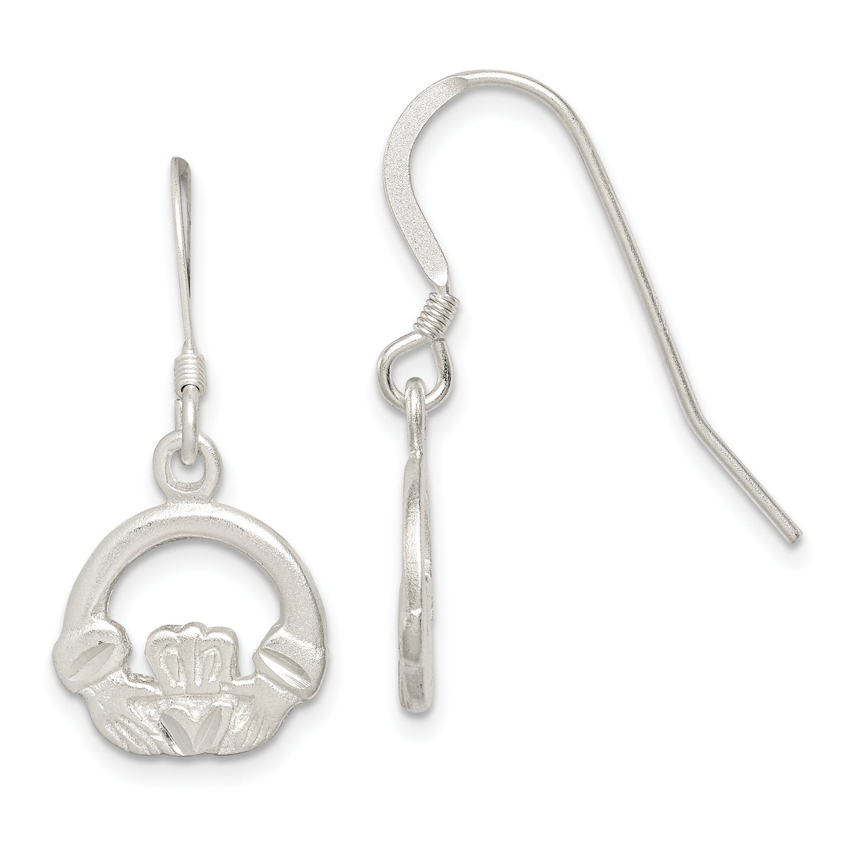 Sterling Silver Satin & Diamond-cut Claddagh Dangle Earrings