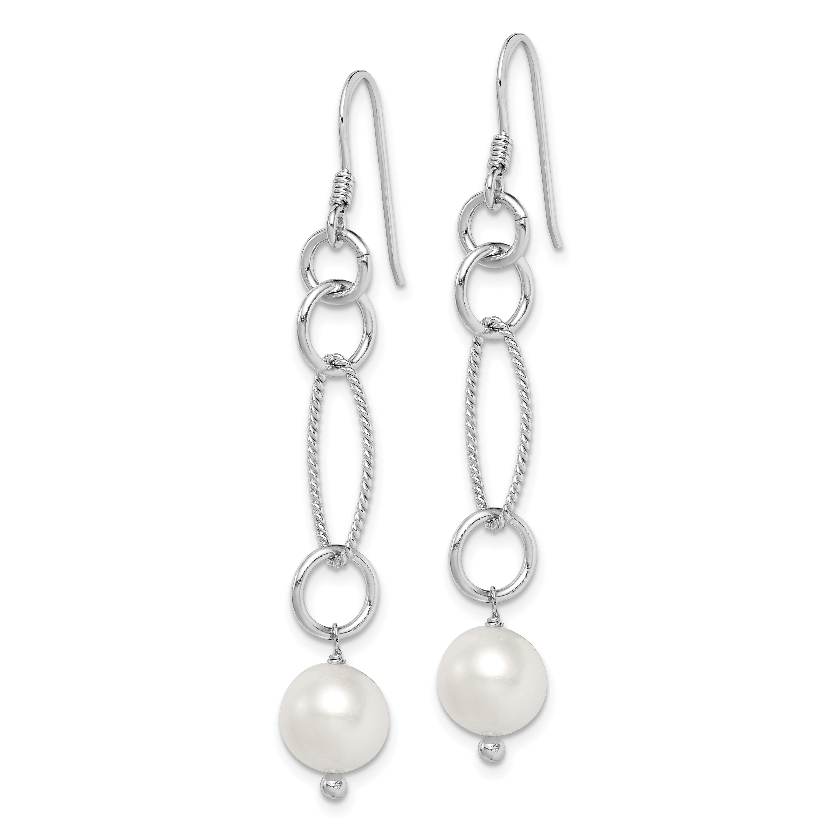 Sterling Silver Rhodium-plated Polished & Twisted White 8-9mm Freshwater Cultured Pearl Dangle Earrings