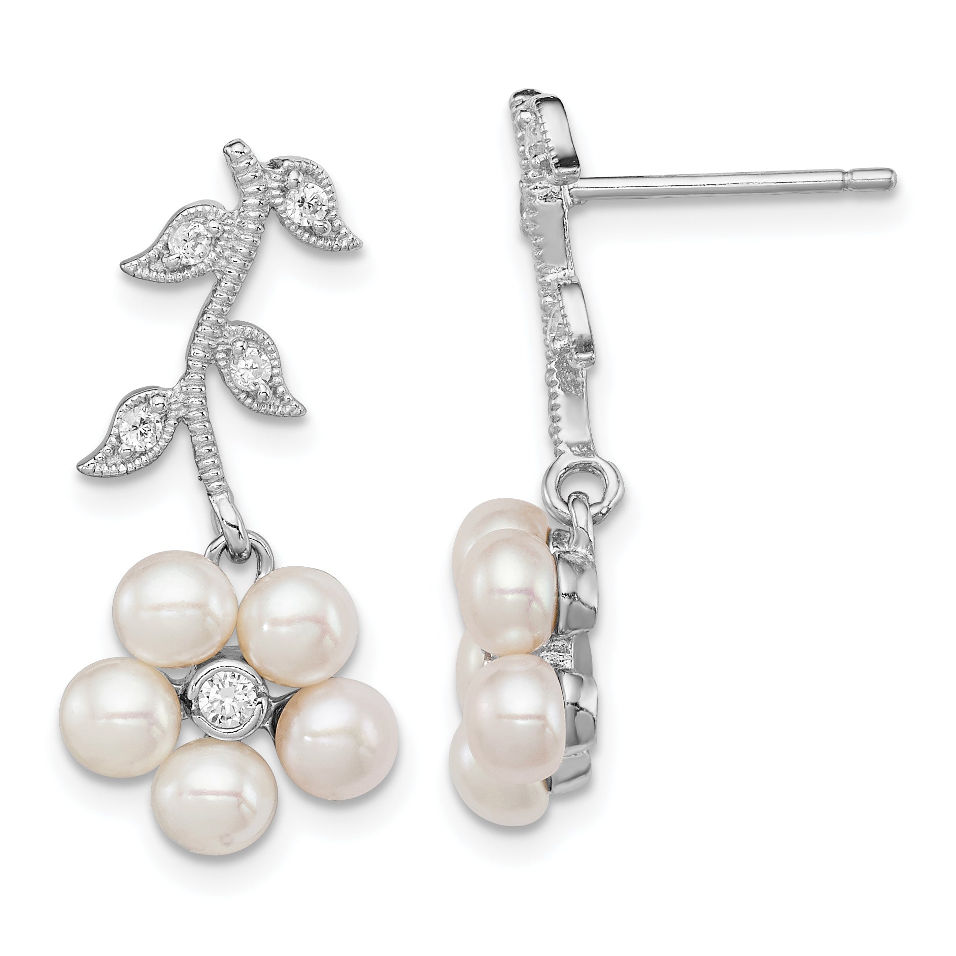 Sterling Silver Rhodium-plated White FWC Pearl CZ Flower Post Earrings