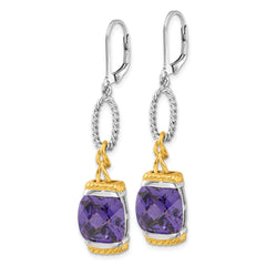 Sterling Silver w/ Gold-tone Vermeil Purple CZ Dangle Earrings