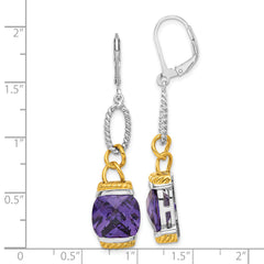 Sterling Silver w/ Gold-tone Vermeil Purple CZ Dangle Earrings