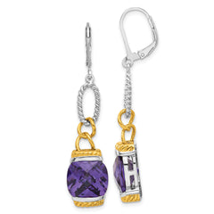 Sterling Silver w/ Gold-tone Vermeil Purple CZ Dangle Earrings