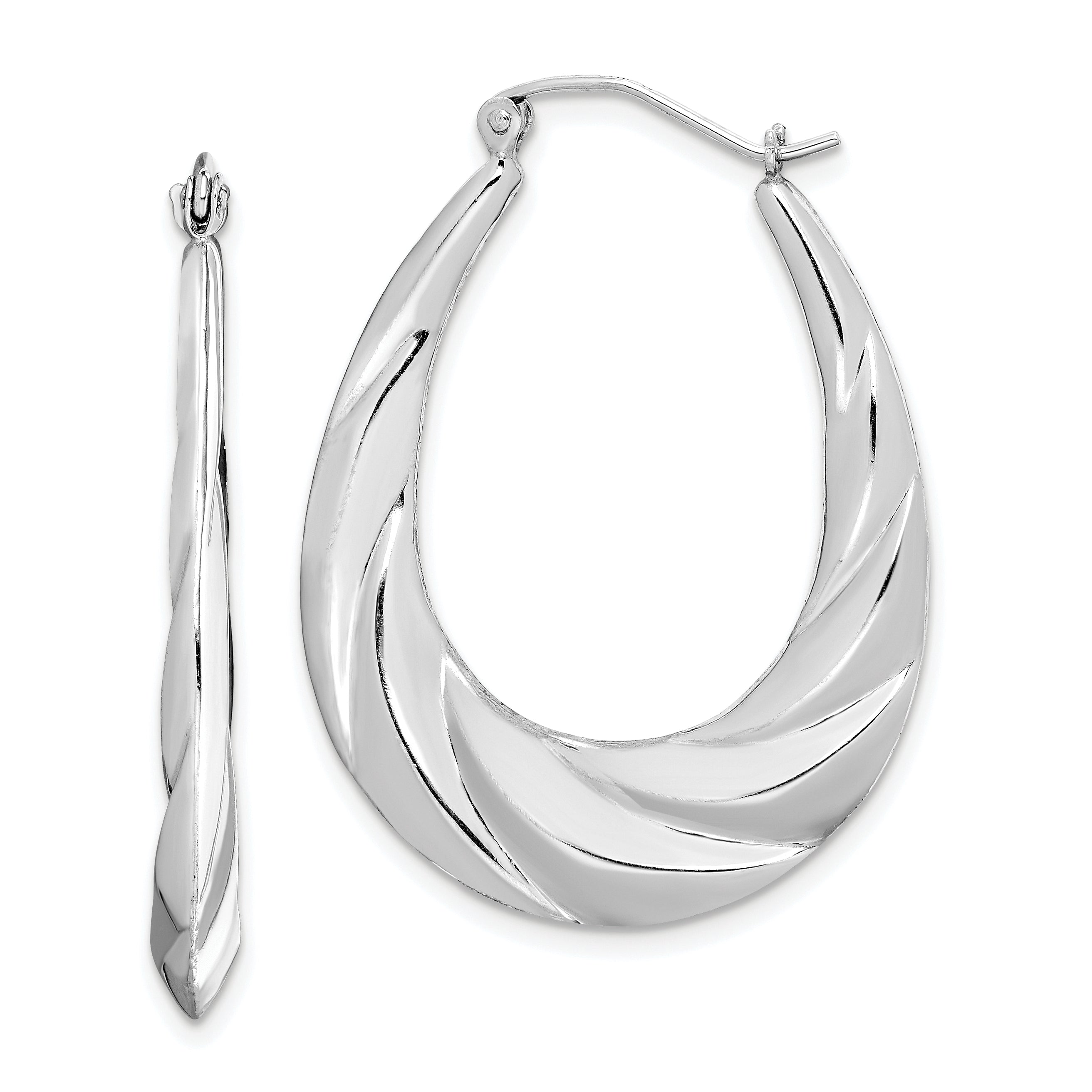 Sterling Silver Rhodium-plated Twisted Scalloped Oval Hoop Earrings