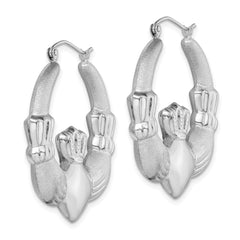 Sterling Silver Rhod-plated Polished/Satin Claddagh Hoop Earrings