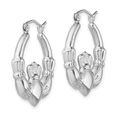 Sterling Silver Rhod-plated Polished Claddagh Round Hoop Earrings