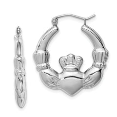 Sterling Silver Rhod-plated Polished Claddagh Round Hoop Earrings