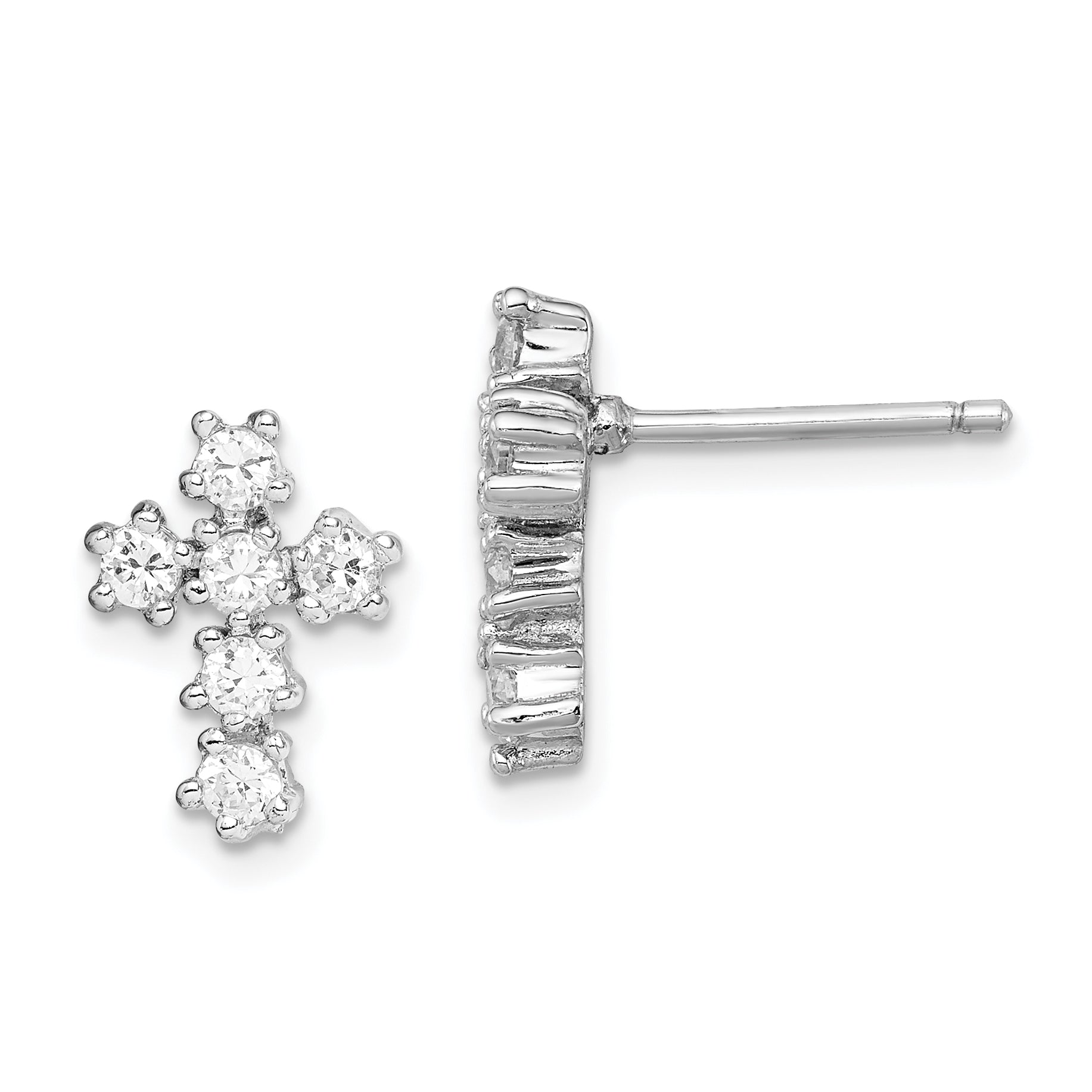 Sterling Silver Rhodium-plated Polished CZ Cross Post Earrings