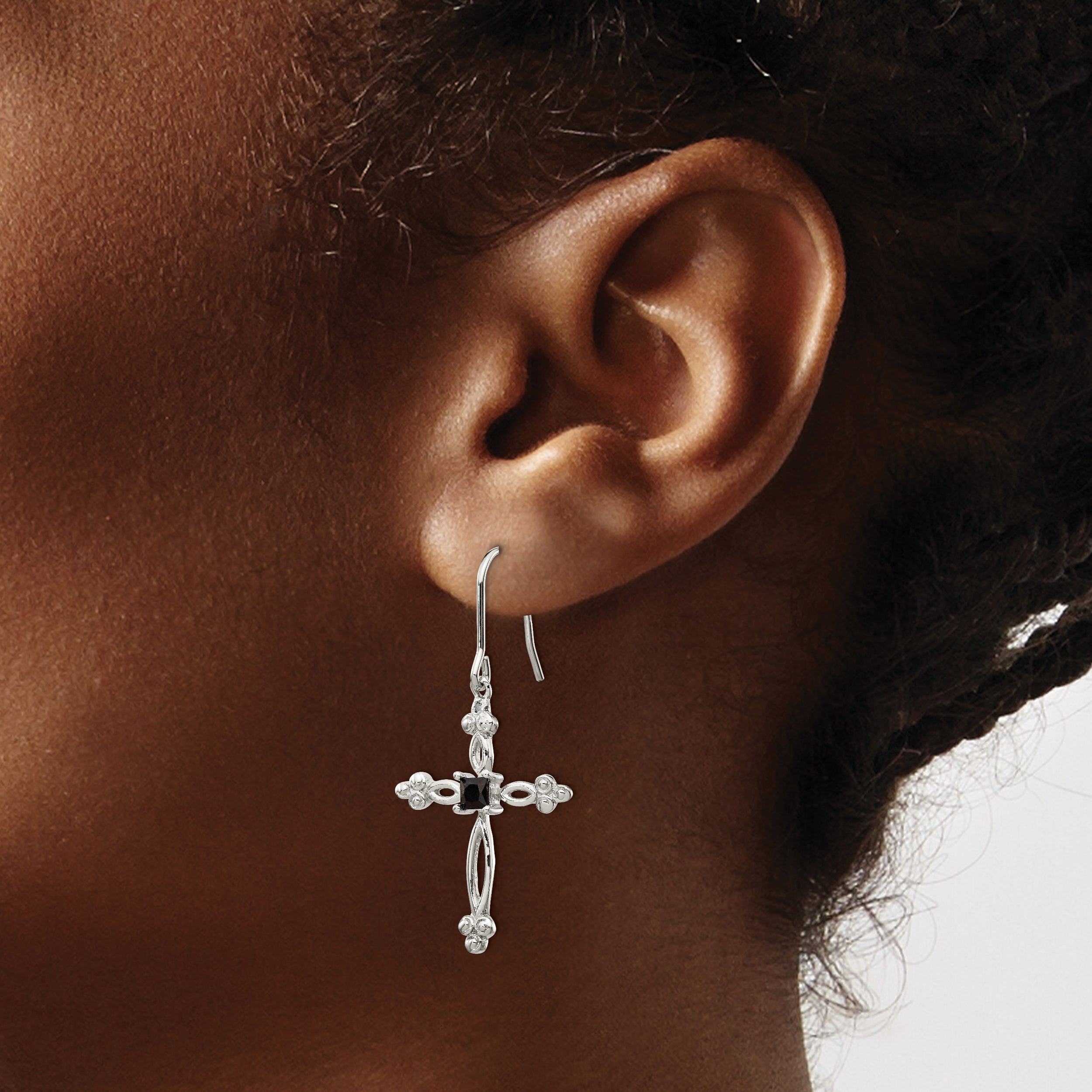 Sterling Silver Rhodium-plated Polished Diamond Accent & Black CZ Budded Cross Dangle Earrings