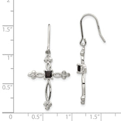 Sterling Silver Rhodium-plated Polished Diamond Accent & Black CZ Budded Cross Dangle Earrings