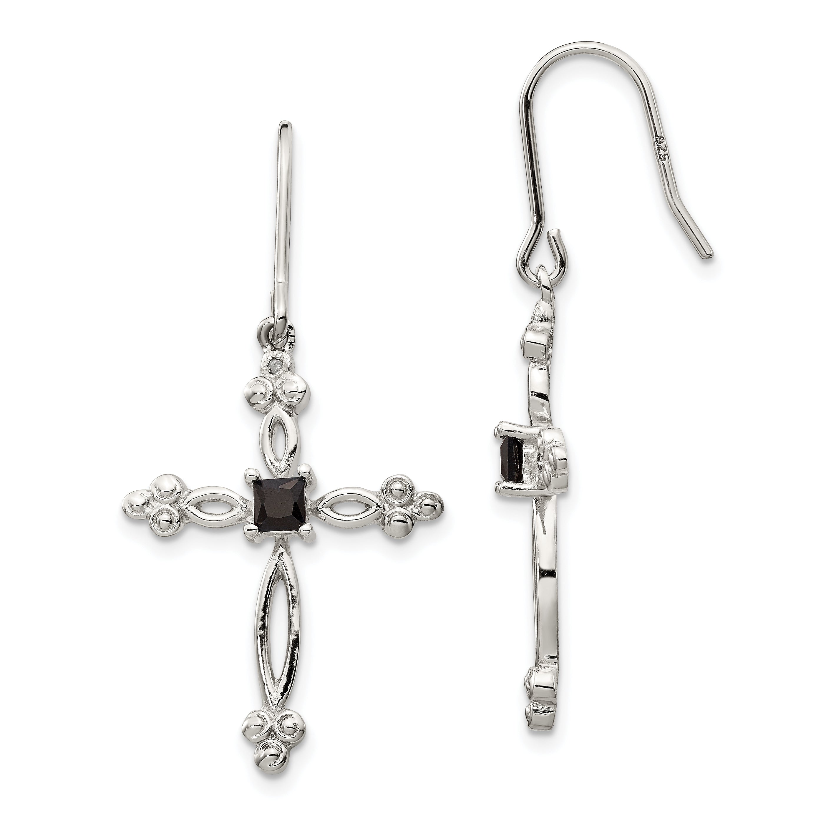 Sterling Silver Rhodium-plated Polished Diamond Accent & Black CZ Budded Cross Dangle Earrings