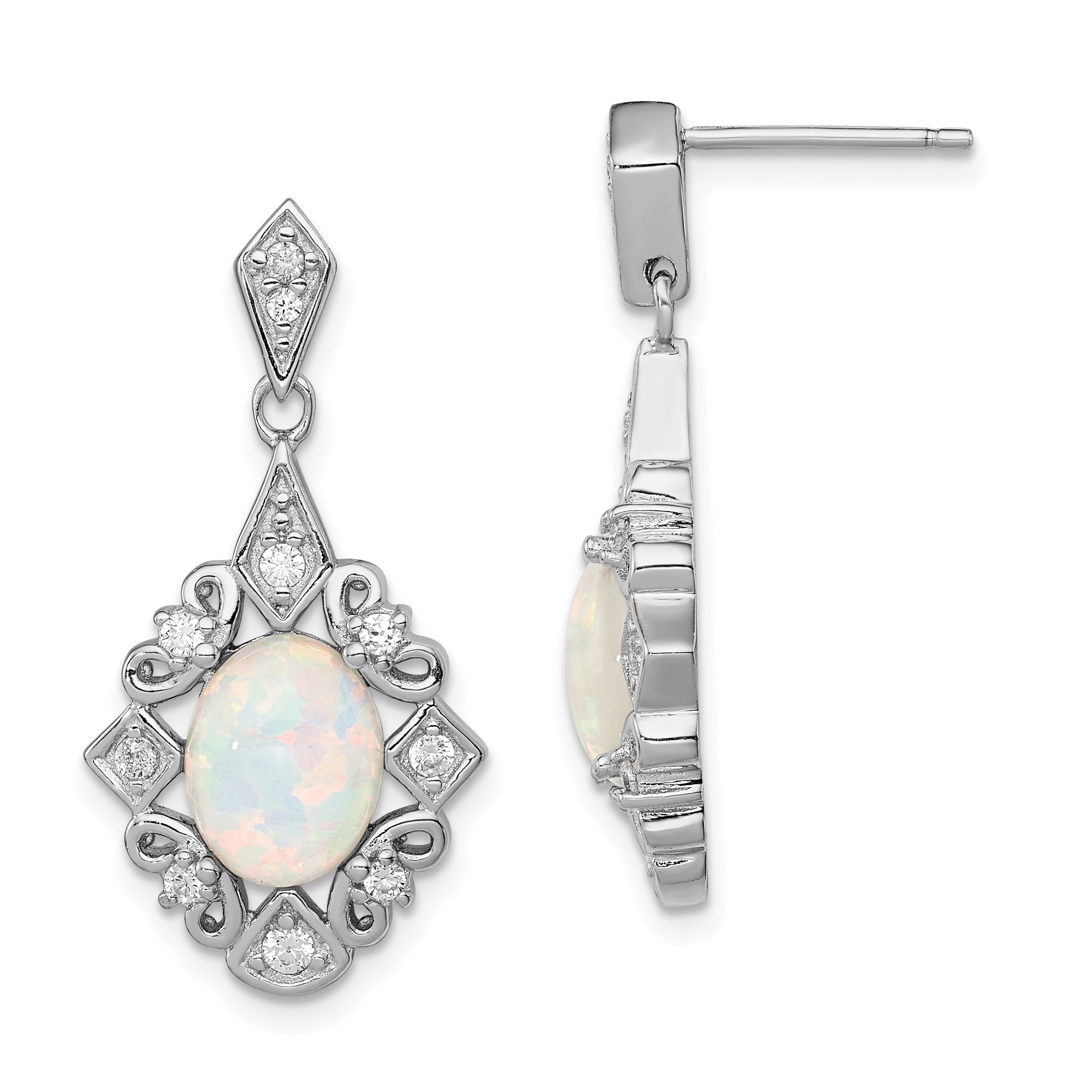 Sterling Silver Rhodium-plated Created Opal and CZ Earrings