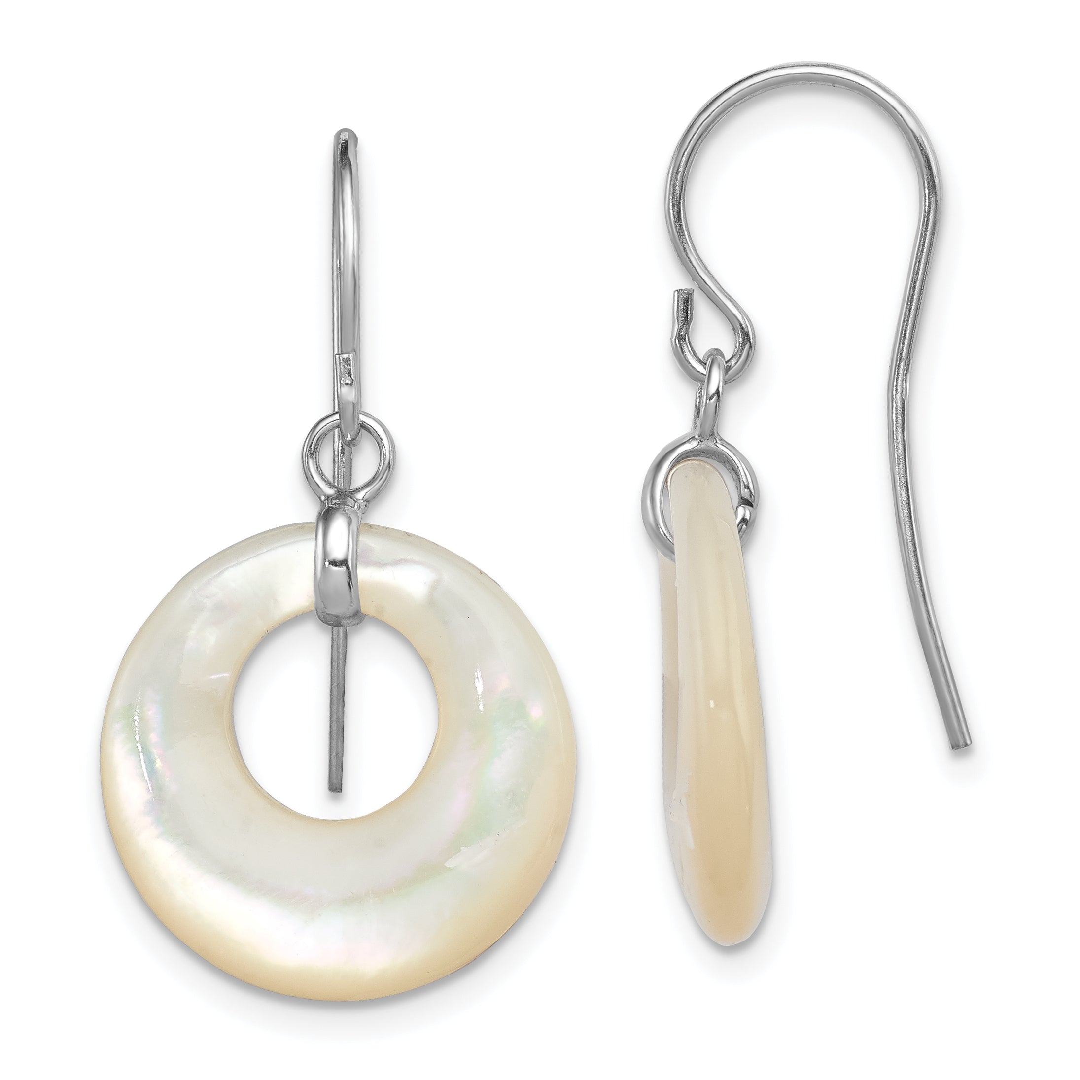 Sterling Silver Rhod-plated Polished Mother of Pearl Circle Dangle Earrings