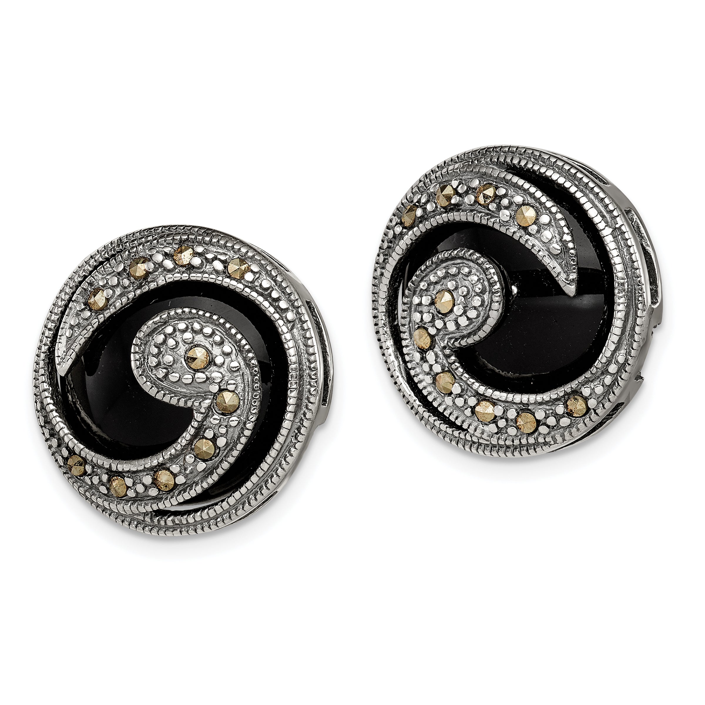 Sterling Silver Antiqued Onyx & Marcasite Round Wave Post Earrings