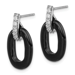 Sterling Silver Rhod-plated Polished Onyx & CZ Oval Post Dangle Earrings