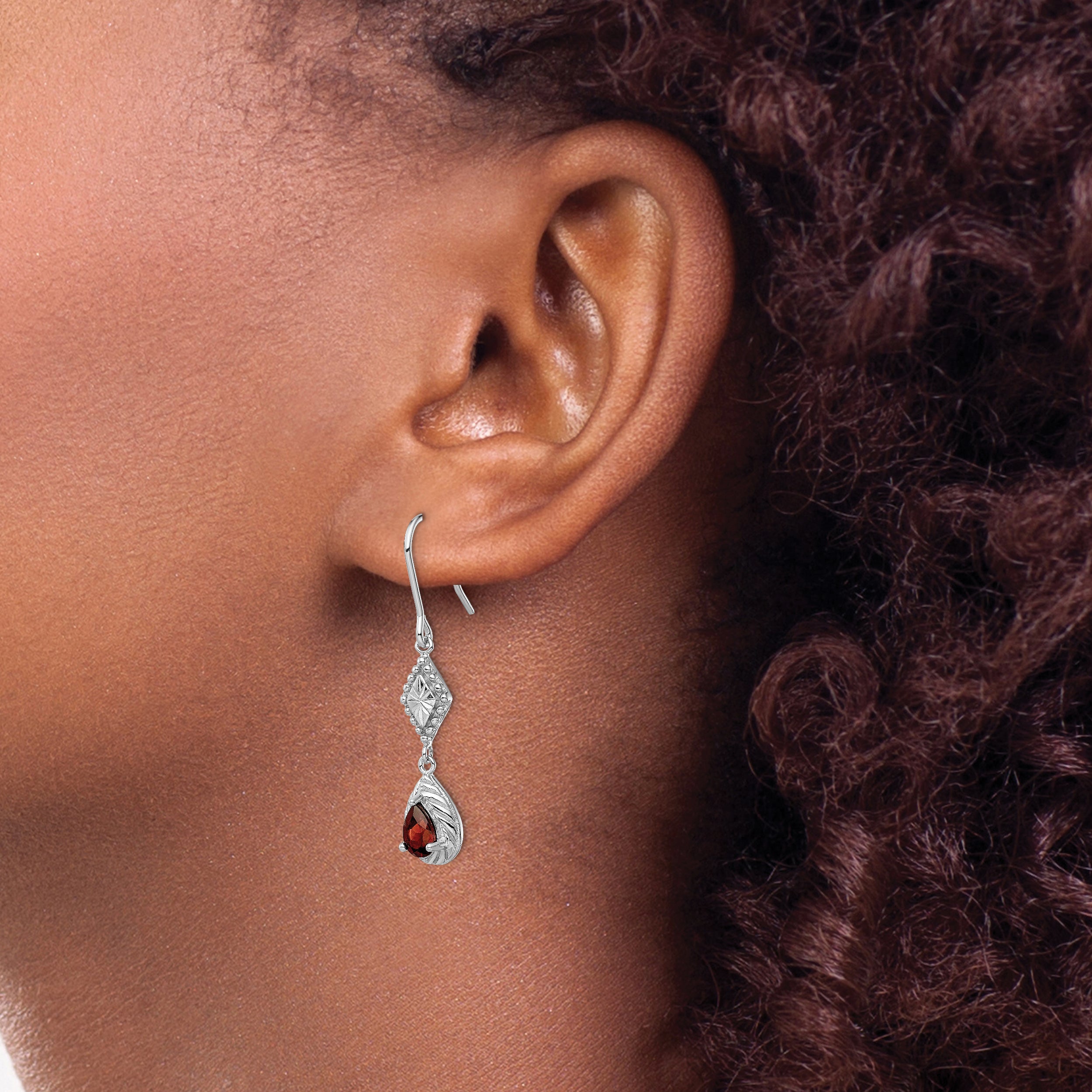 Sterling Silver Rhodium-plated Polished Diamond-cut & Textured Red CZ Teardrop Dangle Earrings