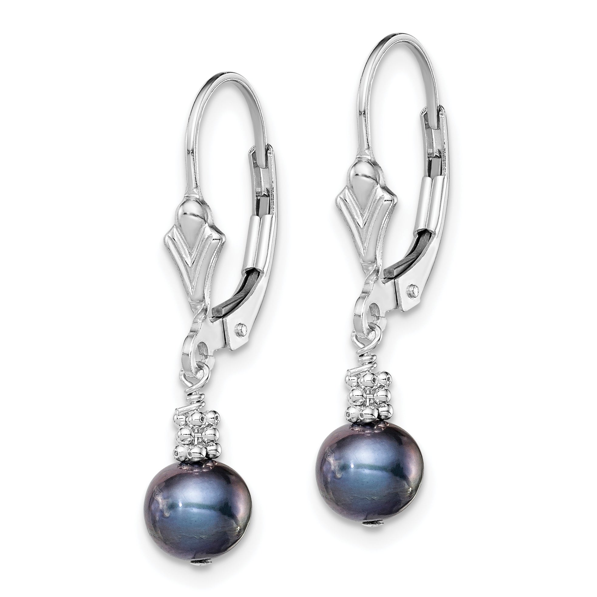 Sterling Silver Rhodium-plated Polished & Beaded 6-7mm Black Freshwater Cultured Pearl Leverback Dangle Earrings