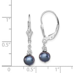 Sterling Silver Rhodium-plated Polished & Beaded 6-7mm Black Freshwater Cultured Pearl Leverback Dangle Earrings