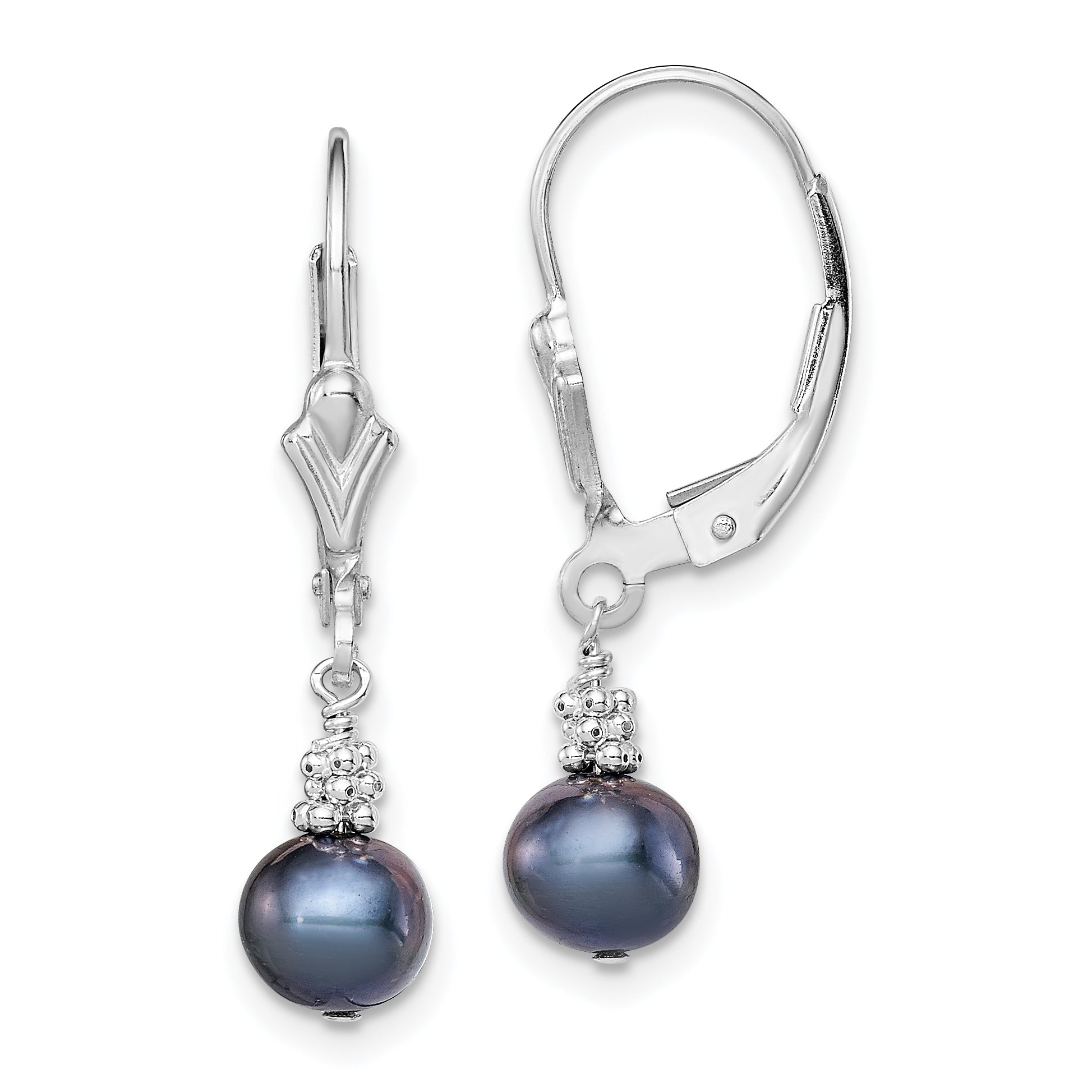 Sterling Silver Rhodium-plated Polished & Beaded 6-7mm Black Freshwater Cultured Pearl Leverback Dangle Earrings