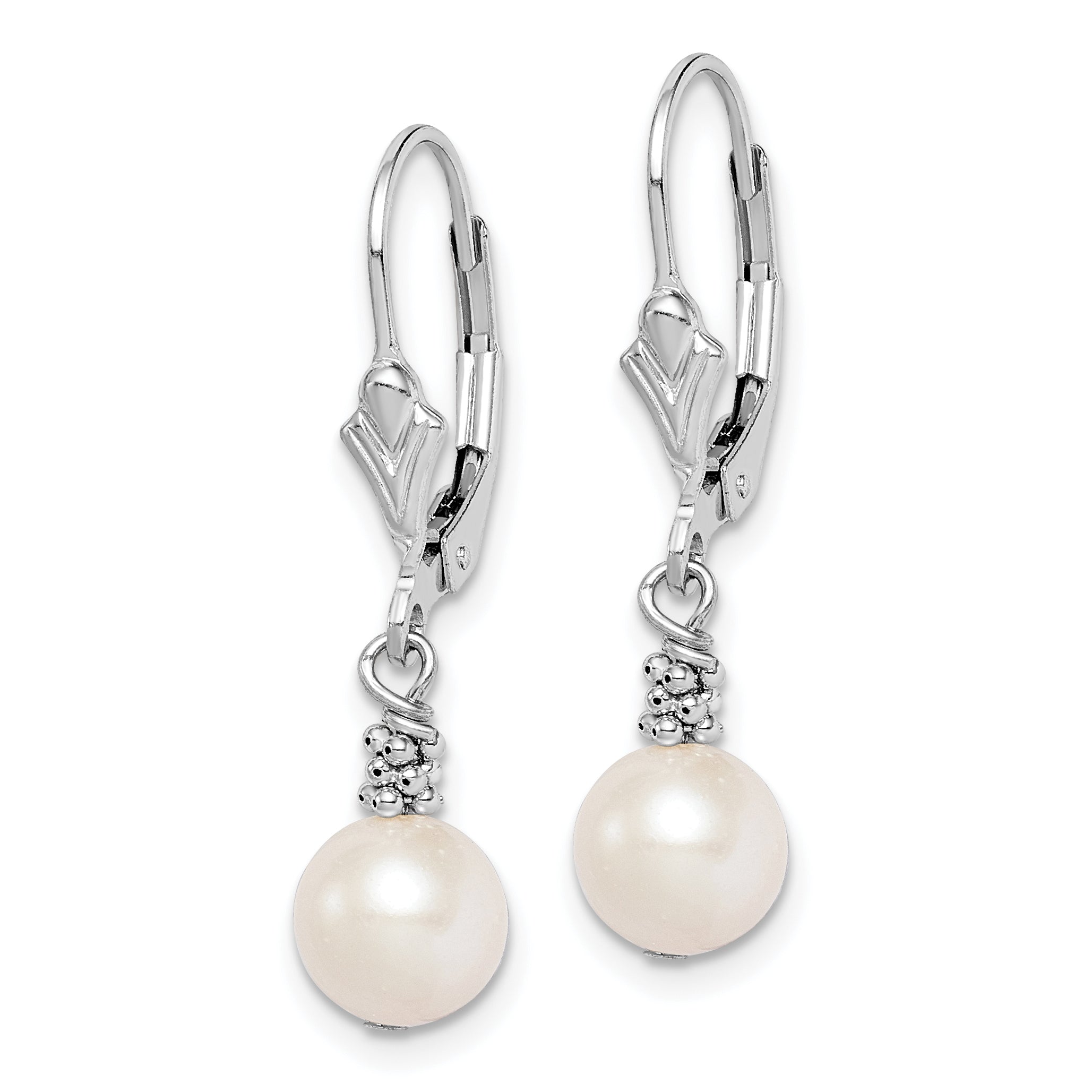 Sterling Silver Rhodium-plated Polished & Beaded White 6-7mm Freshwater Cultured Pearl Leverback Dangle Earrings