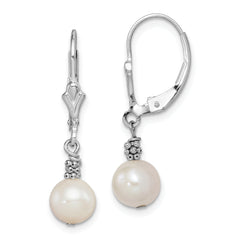 Sterling Silver Rhodium-plated Polished & Beaded White 6-7mm Freshwater Cultured Pearl Leverback Dangle Earrings