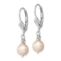 Sterling Silver Rhodium-plated Polished & Beaded Pink 6-7mm Freshwater Cultured Pearl Leverback Dangle Earrings