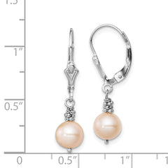 Sterling Silver Rhodium-plated Polished & Beaded Pink 6-7mm Freshwater Cultured Pearl Leverback Dangle Earrings