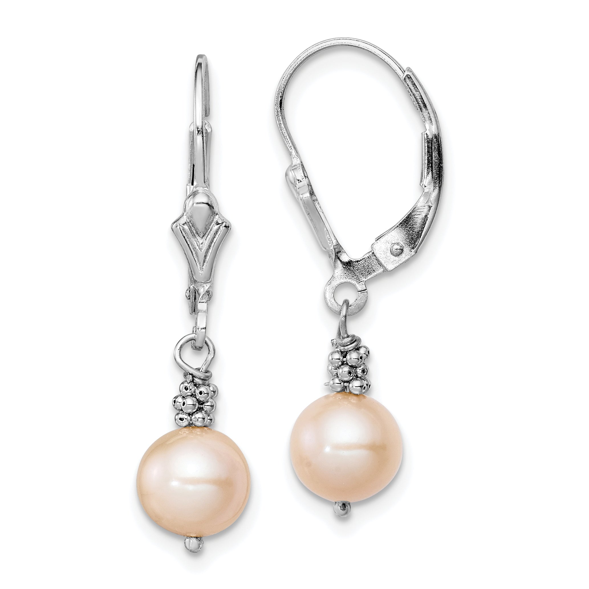 Sterling Silver Rhodium-plated Polished & Beaded Pink 6-7mm Freshwater Cultured Pearl Leverback Dangle Earrings