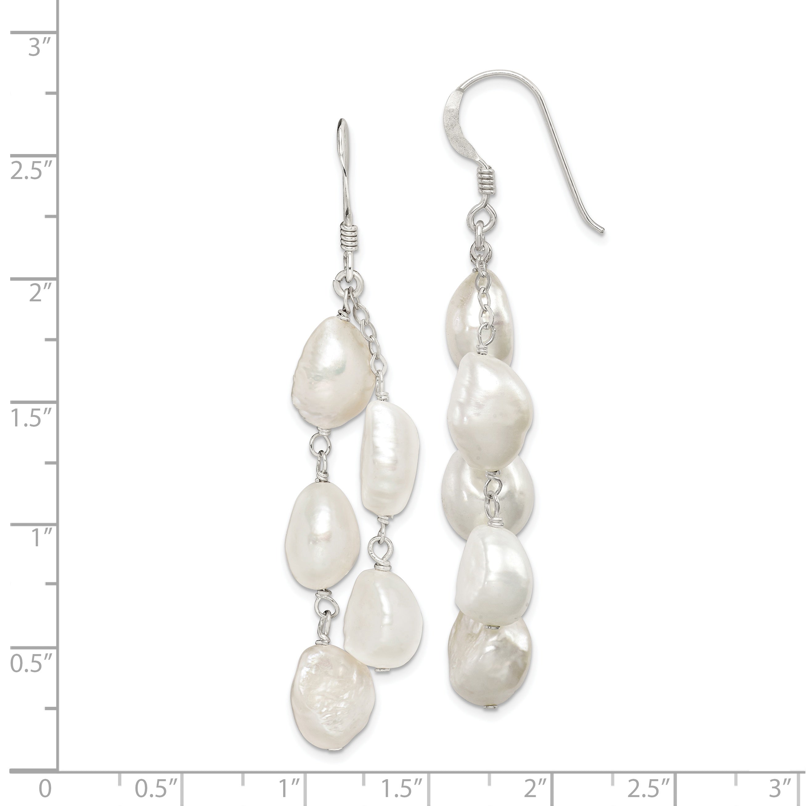 Sterling Silver Polished White 8-10mm Baroque Freshwater Cultured Pearl Two-Strand Dangle Earrings