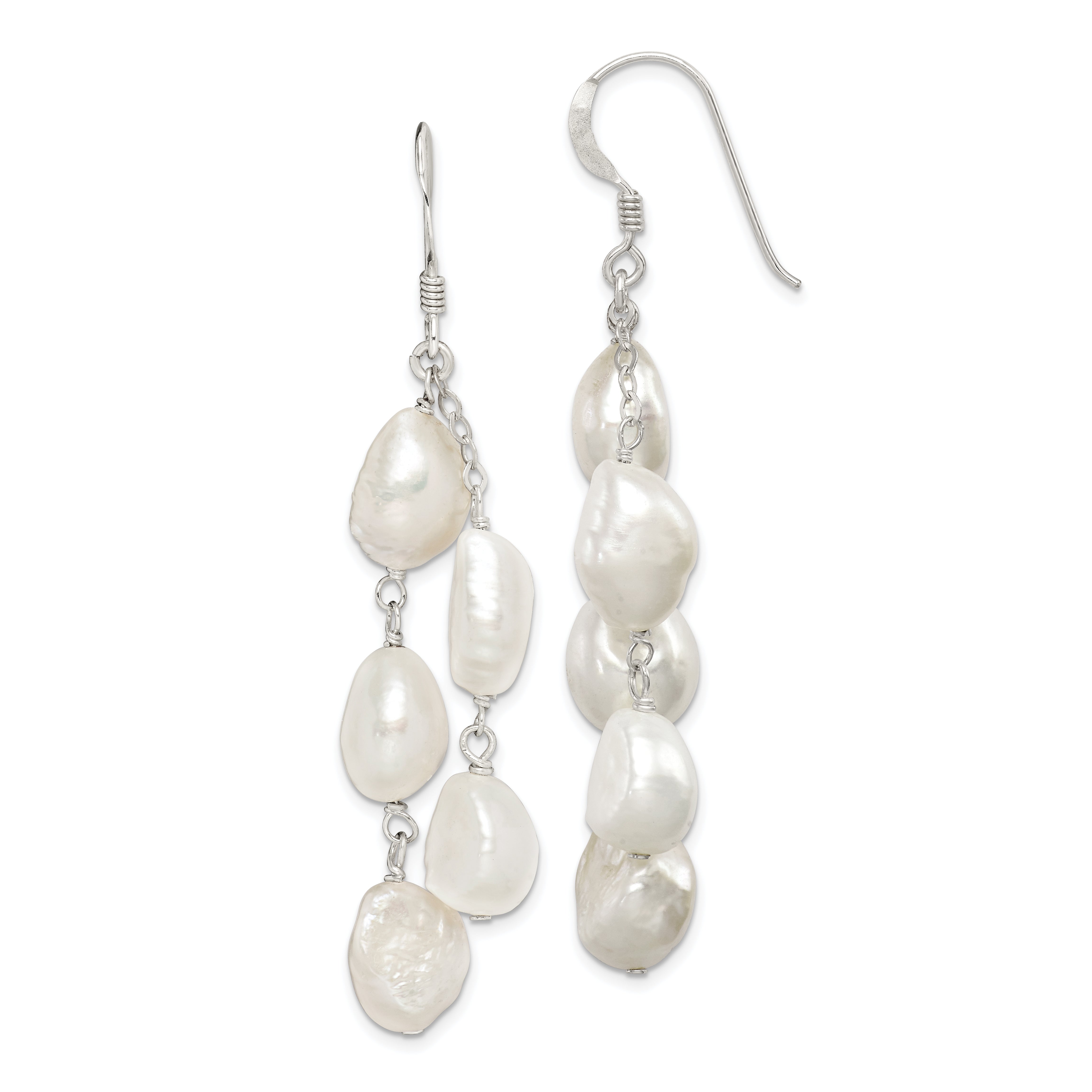 Sterling Silver Polished White 8-10mm Baroque Freshwater Cultured Pearl Two-Strand Dangle Earrings