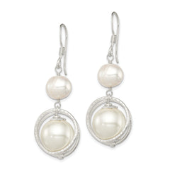 Sterling Silver Polished & Textured White 8-9mm Freshwater Cultured Pearl & 11-12mm Shell Pearl Dangle Earrings