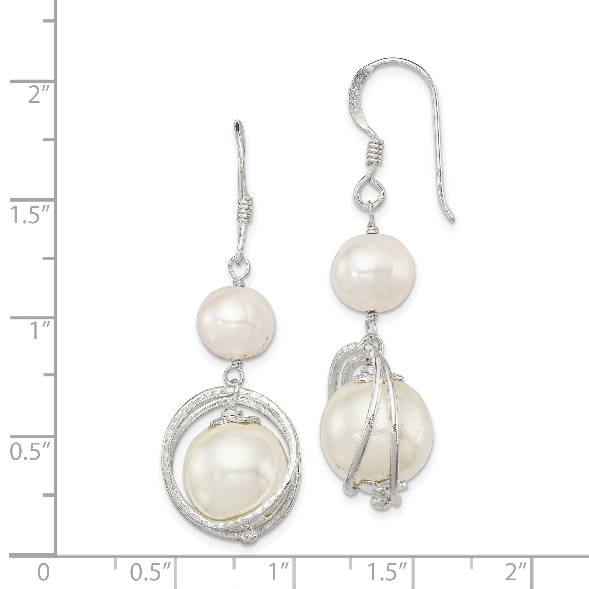 Sterling Silver Polished & Textured White 8-9mm Freshwater Cultured Pearl & 11-12mm Shell Pearl Dangle Earrings