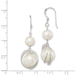 Sterling Silver Polished & Textured White 8-9mm Freshwater Cultured Pearl & 11-12mm Shell Pearl Dangle Earrings