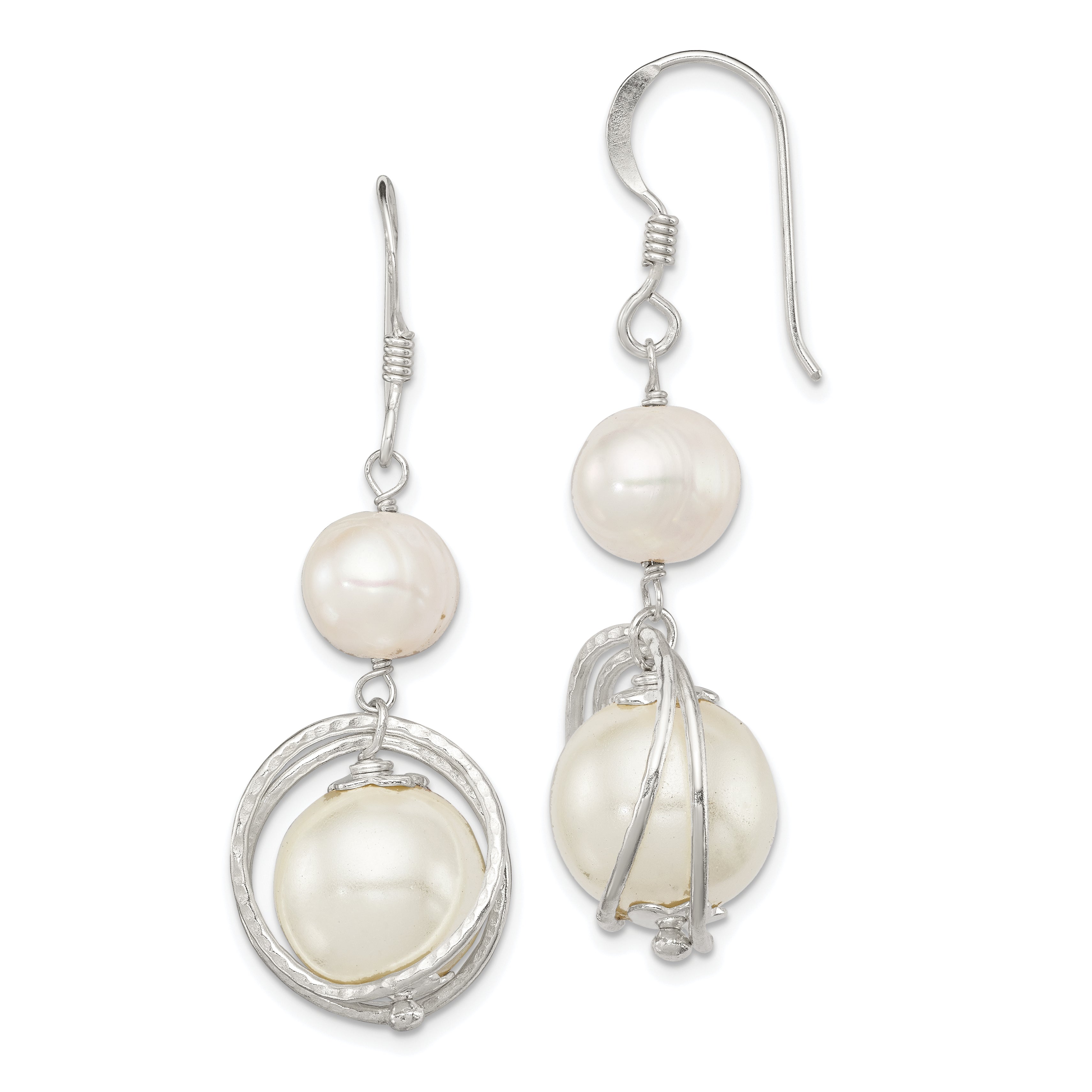 Sterling Silver Polished & Textured White 8-9mm Freshwater Cultured Pearl & 11-12mm Shell Pearl Dangle Earrings