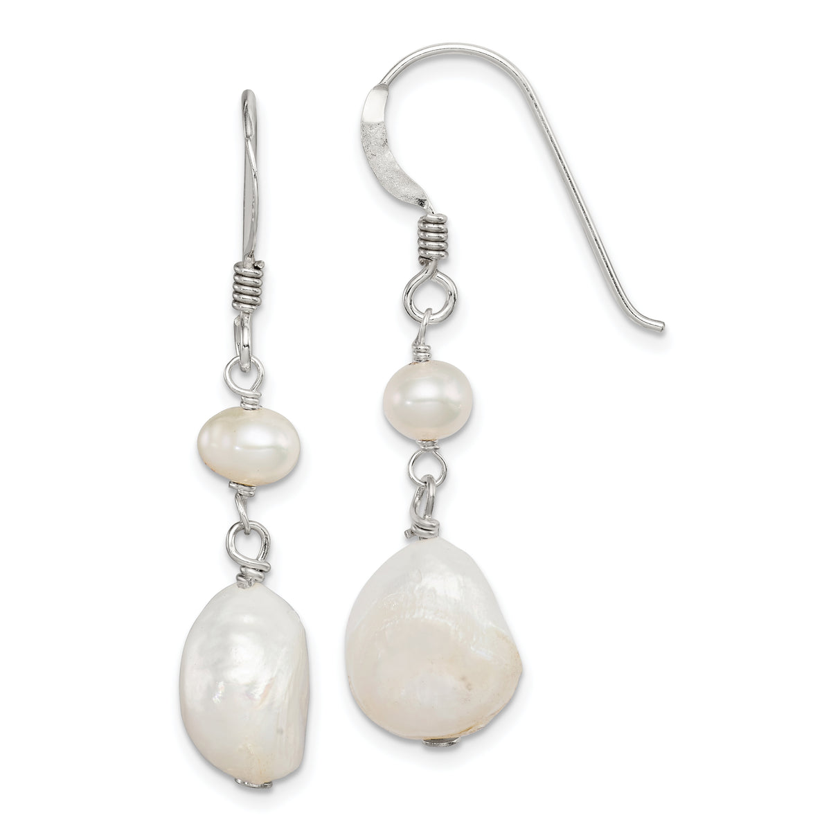 Sterling Silver Polished White 5.5-11mm Baroque & Semi-Round Freshwater Cultured Pearl Dangle Earrings