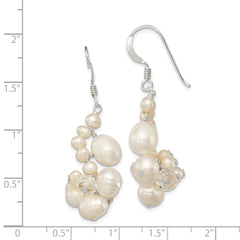 Sterling Silver Polished White Freshwater Cultured Pearl & Crystal Cluster Dangle Earrings