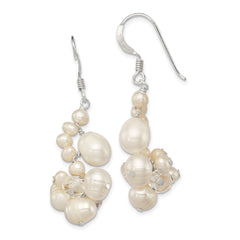 Sterling Silver Polished White Freshwater Cultured Pearl & Crystal Cluster Dangle Earrings