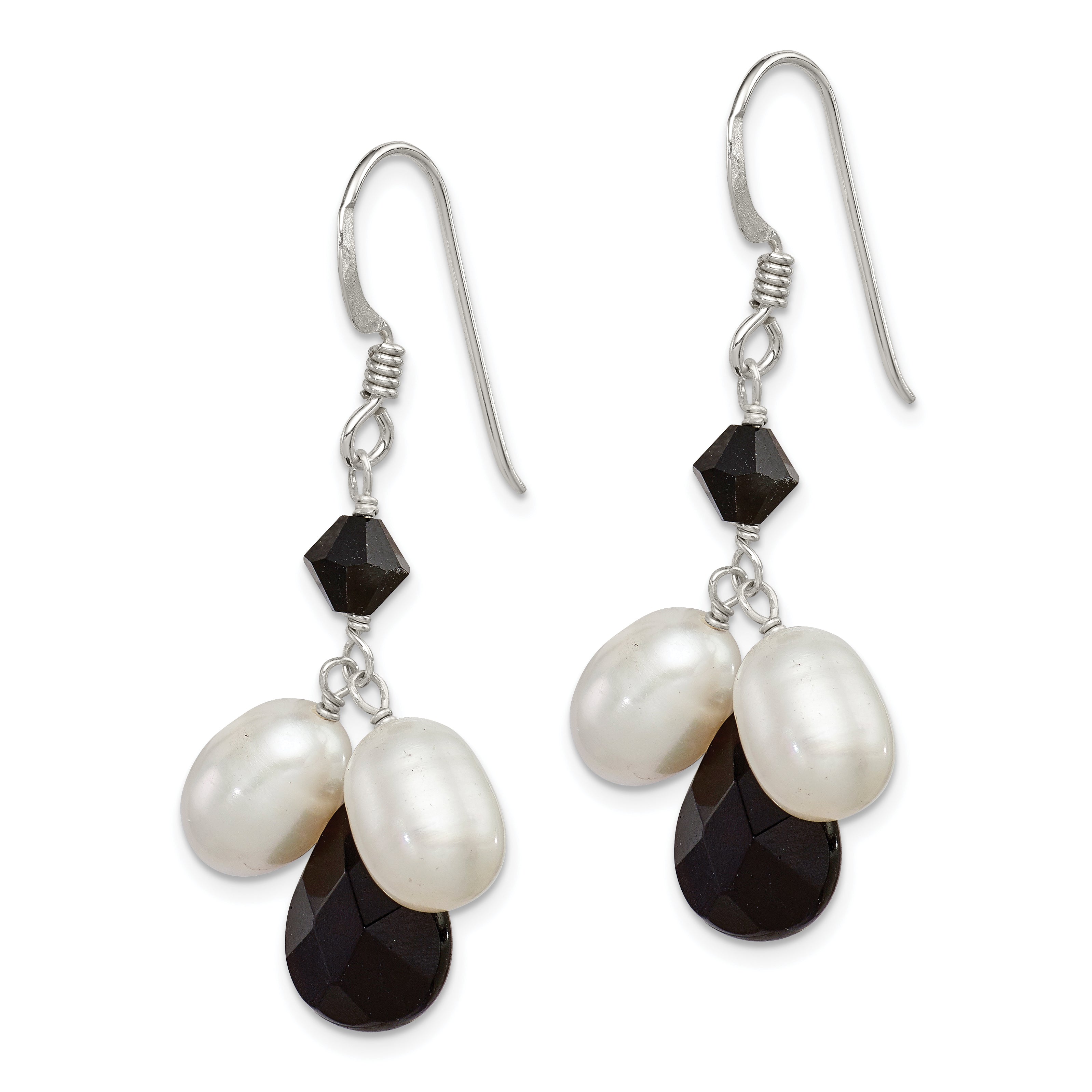 Sterling Silver Polished FWC Pearl / Black Crystal / Onyx Dangle Earrings